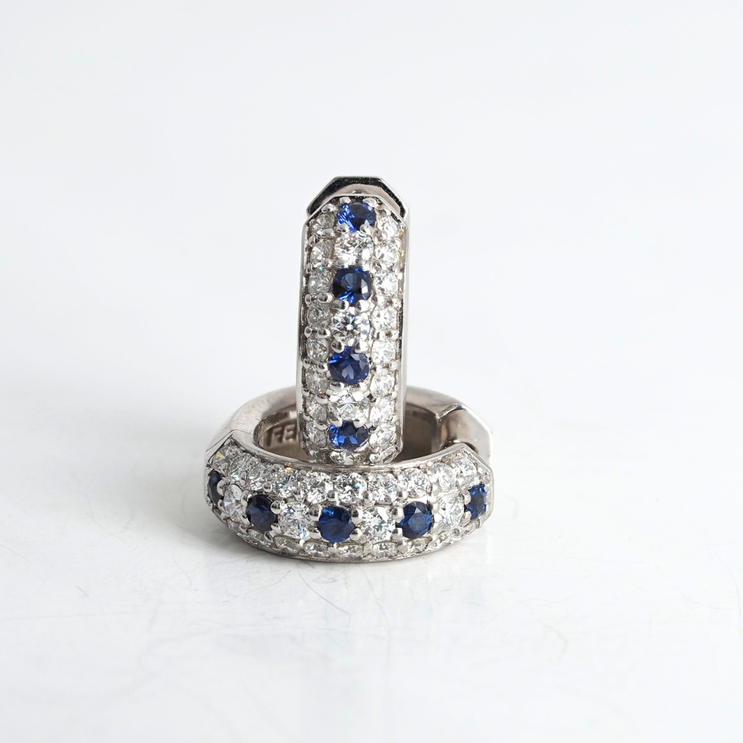 Earrings 14KW Gold Diamonds and Sapphires hoops