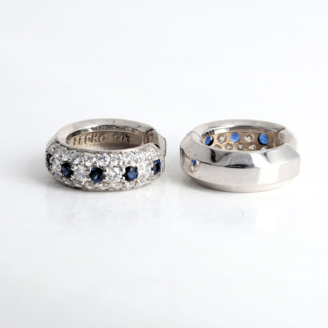 Earrings 14KW Gold Diamonds and Sapphires hoops