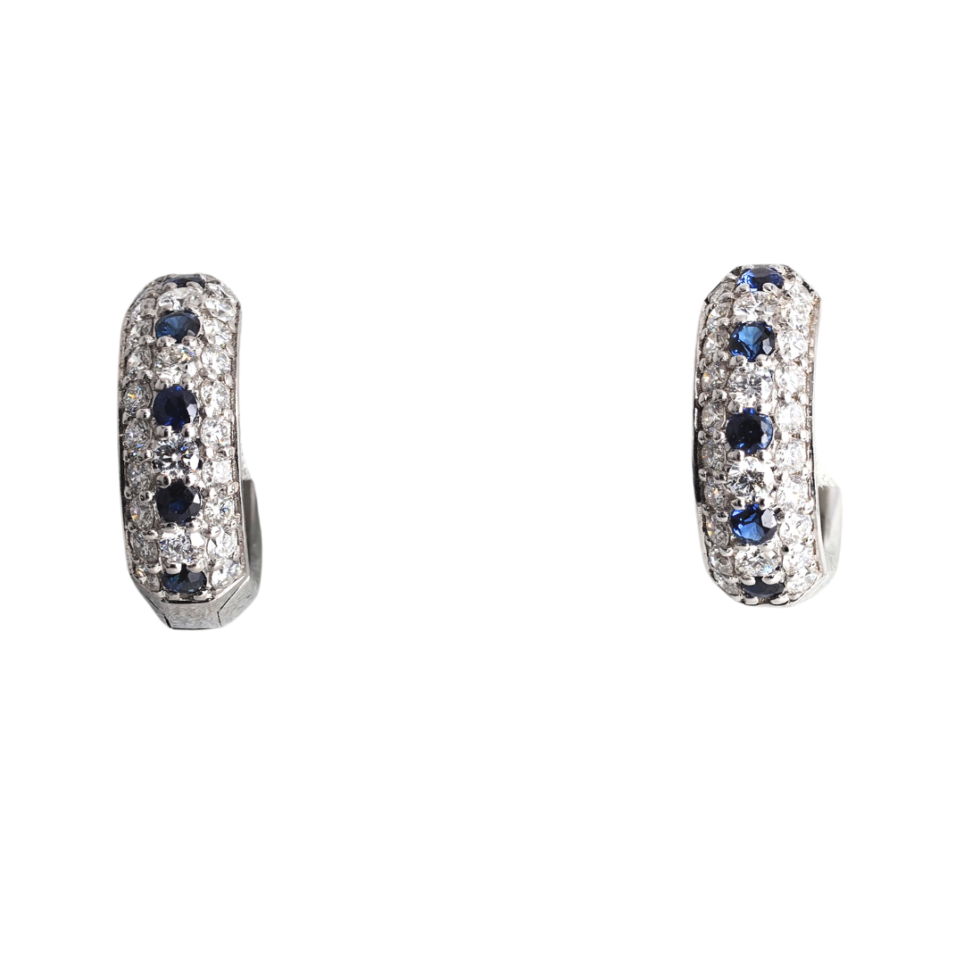 Earrings 14KW Gold Diamonds and Sapphires hoops