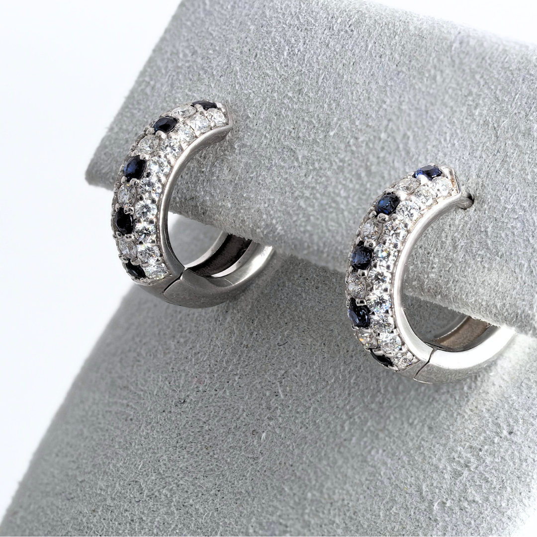 Earrings 14KW Gold Diamonds and Sapphires hoops