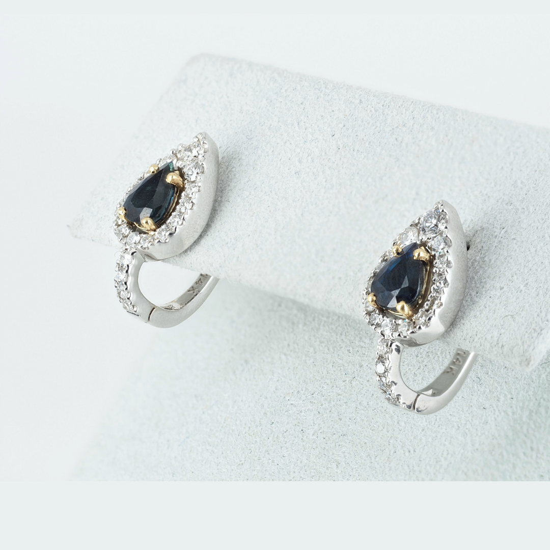 Earrings 14KW Gold Sapphire Pear cut Diamonds