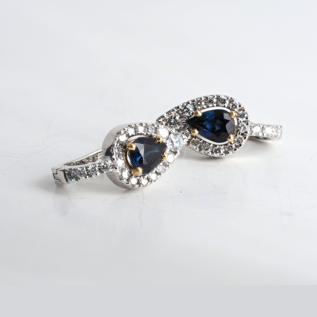 Earrings 14KW Gold Sapphire Pear cut Diamonds