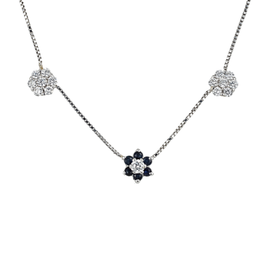Necklace 3 flowers, 14KW Gold Diamonds Sapphires