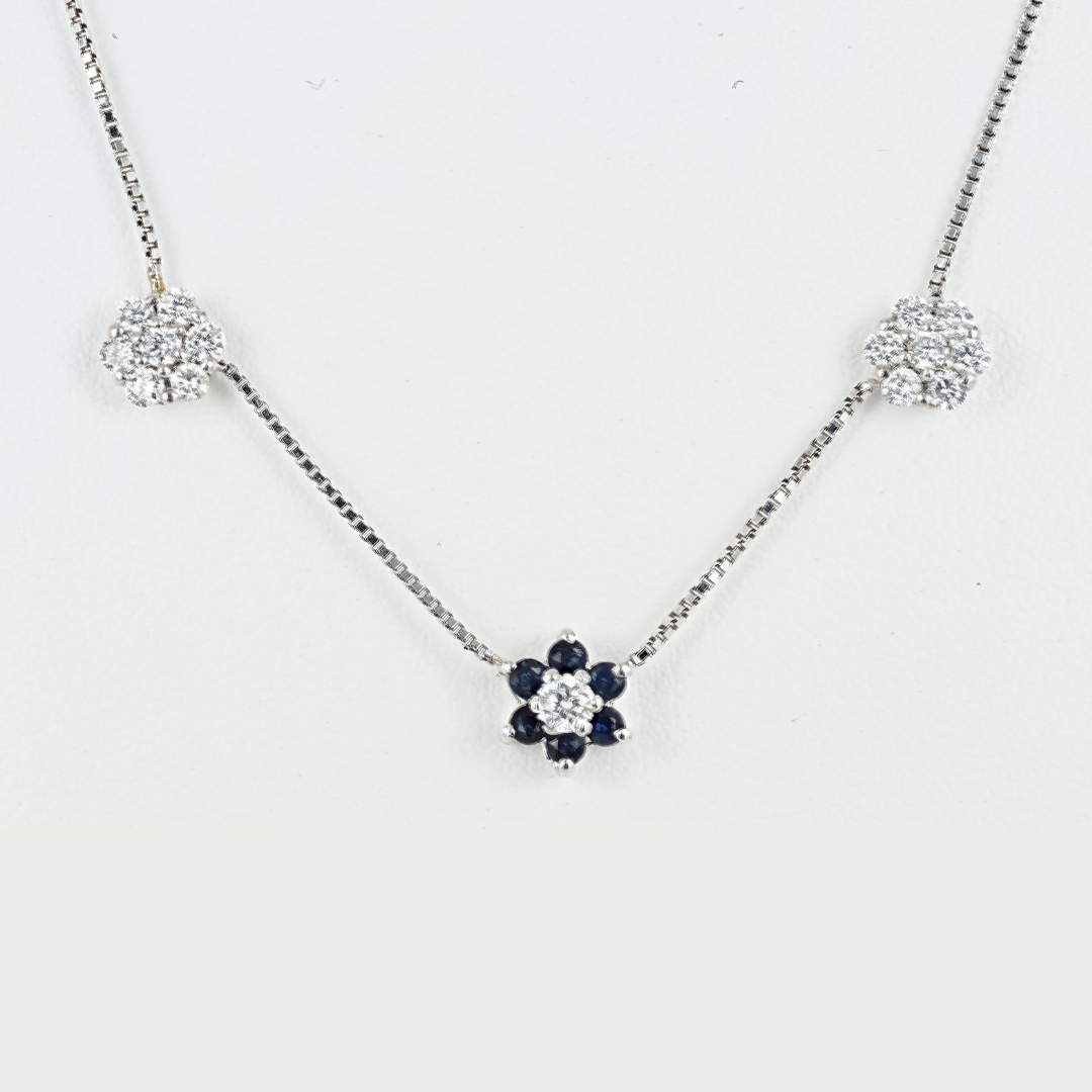 Necklace 3 flowers, 14KW Gold Diamonds Sapphires