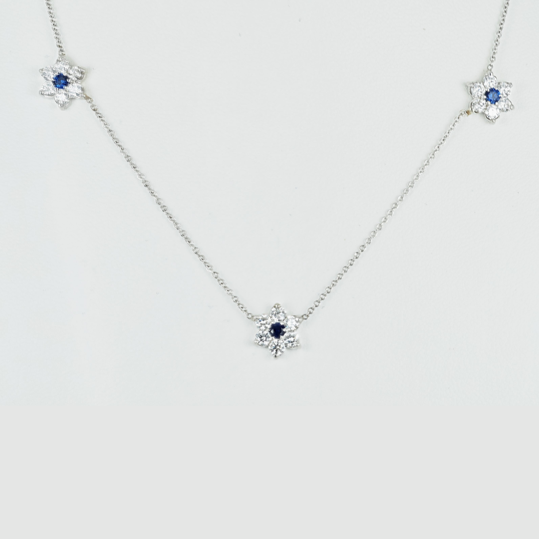Necklace flowers 14KW Gold Diamonds Sapphires
