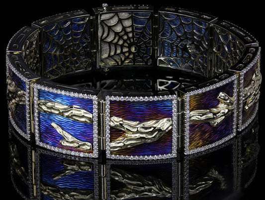 Bracelet "River of Life". Award-winning, titanium, gold and diamonds.
