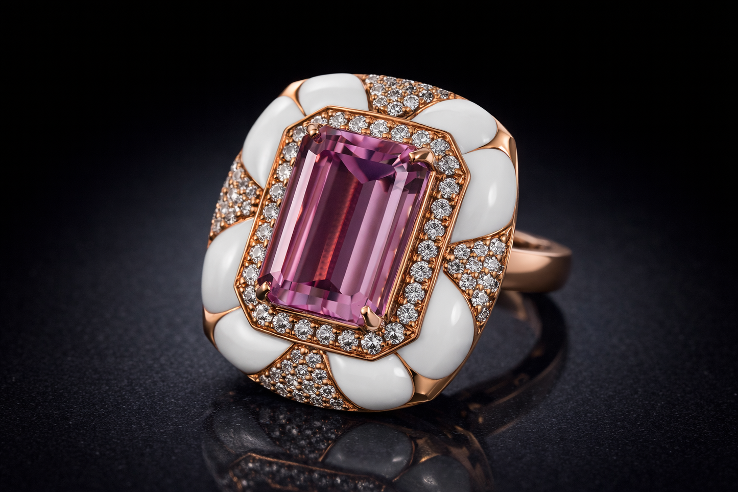 Enamel Ring 14K Rose Gold Pink Topaz with Diamonds