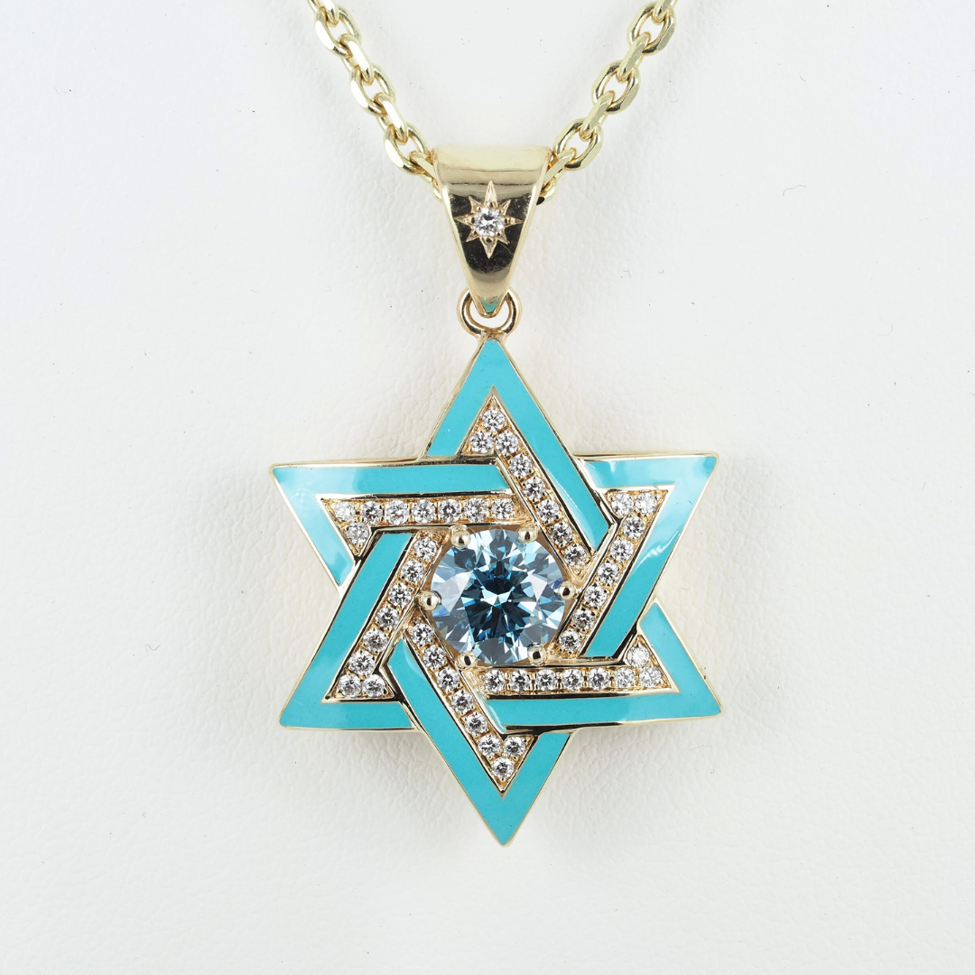 Pendant David Star 14KY Gold, Diamonds and Blue Lab Grown Diamond, Enamel