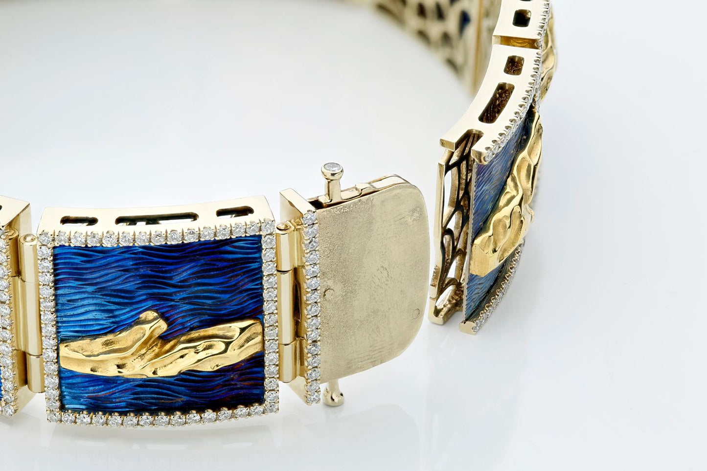 Bracelet "River of Life". Award-winning, titanium, gold and diamonds.