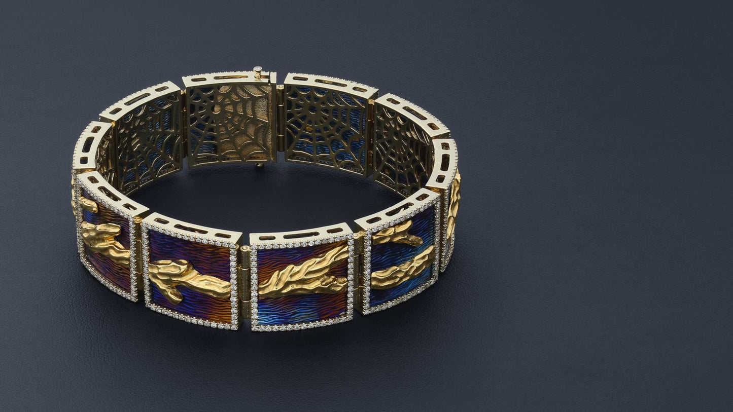 Bracelet "River of Life". Award-winning, titanium, gold and diamonds.