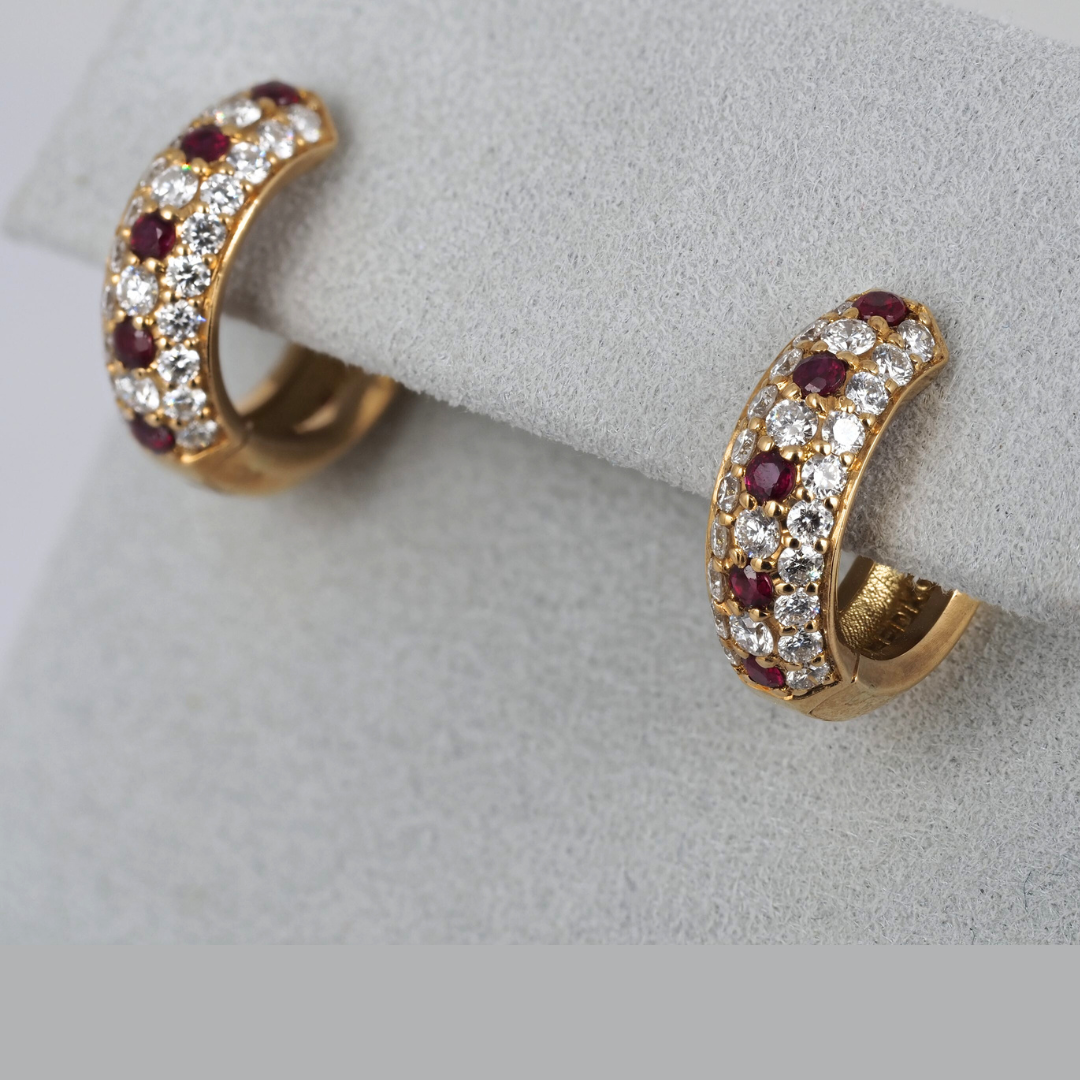 Earrings hoops small Diamonds and Ruby 14K Yellow Gold