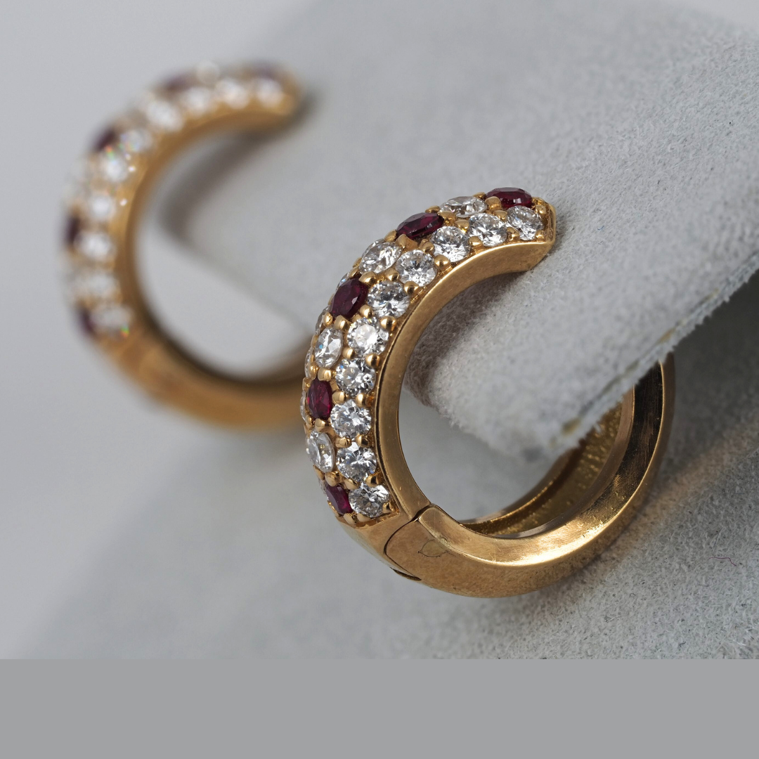 Earrings hoops small Diamonds and Ruby 14K Yellow Gold