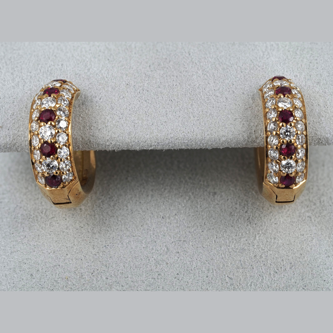 Earrings hoops small Diamonds and Ruby 14K Yellow Gold