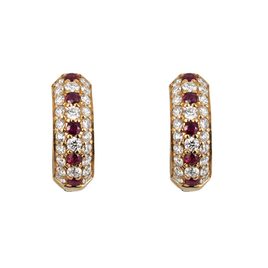 Earrings hoops small Diamonds and Ruby 14K Yellow Gold