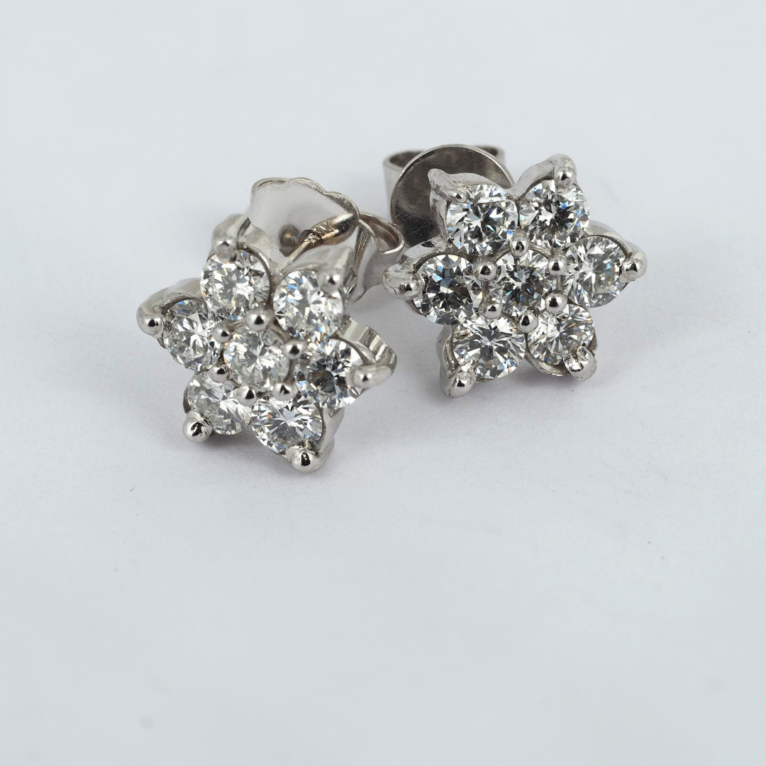 Earrings Flower Natural Diamonds 14K W Gold