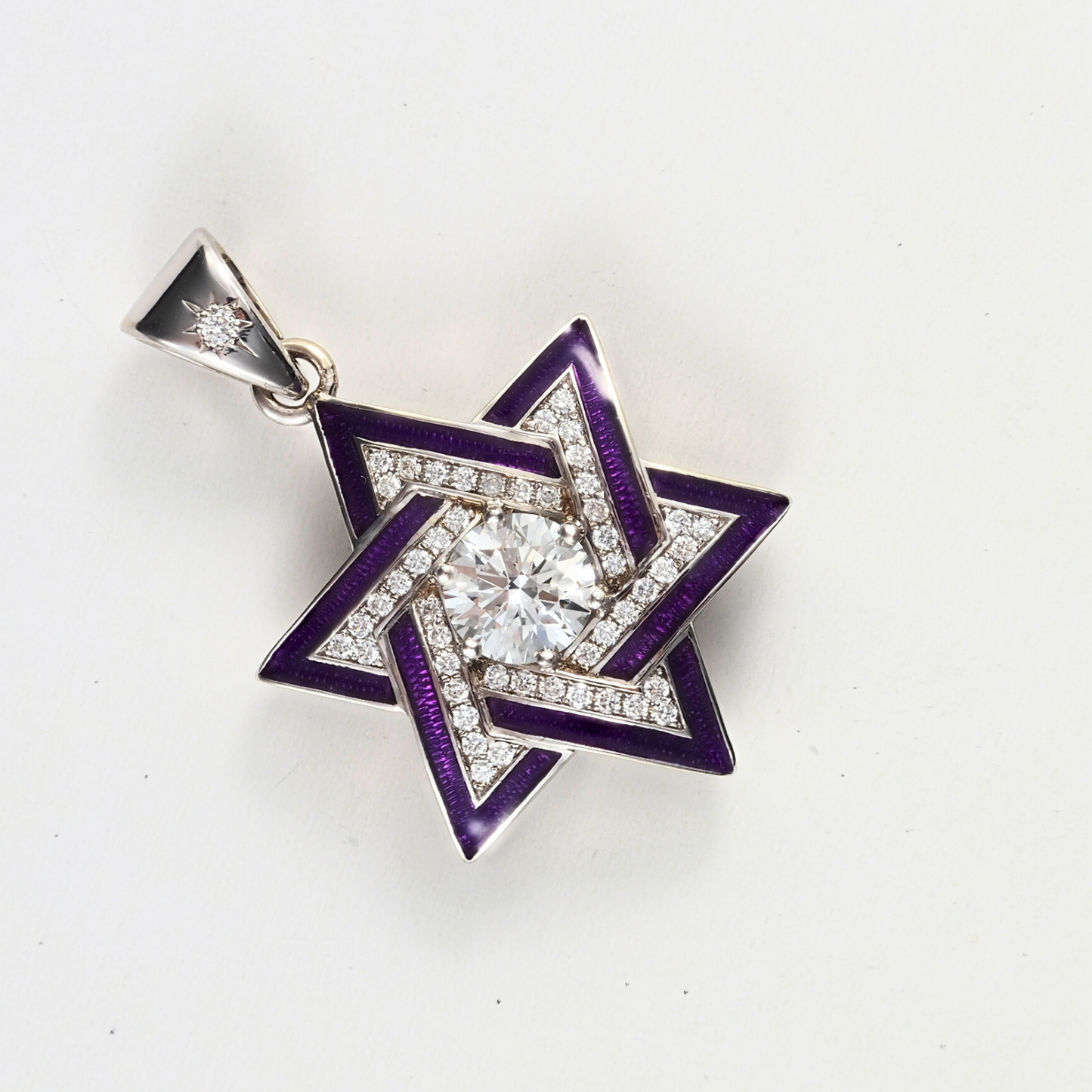 Pendant David Star 14KW Gold, Natural Diamonds and Center Lab Grown Diamond, Enamel