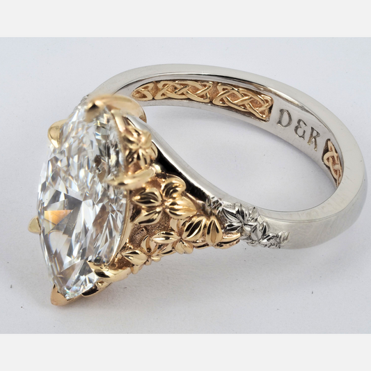 Engagement ring Platinum 14KY gold with Lab Grown Marquis Diamond 3ct color D