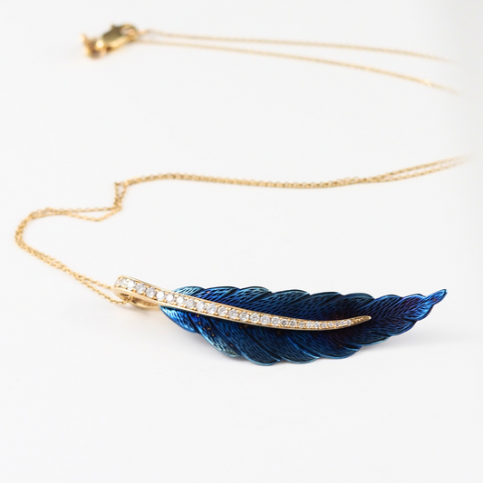 Necklace Feather 14KT Gold & Titanium with Diamonds