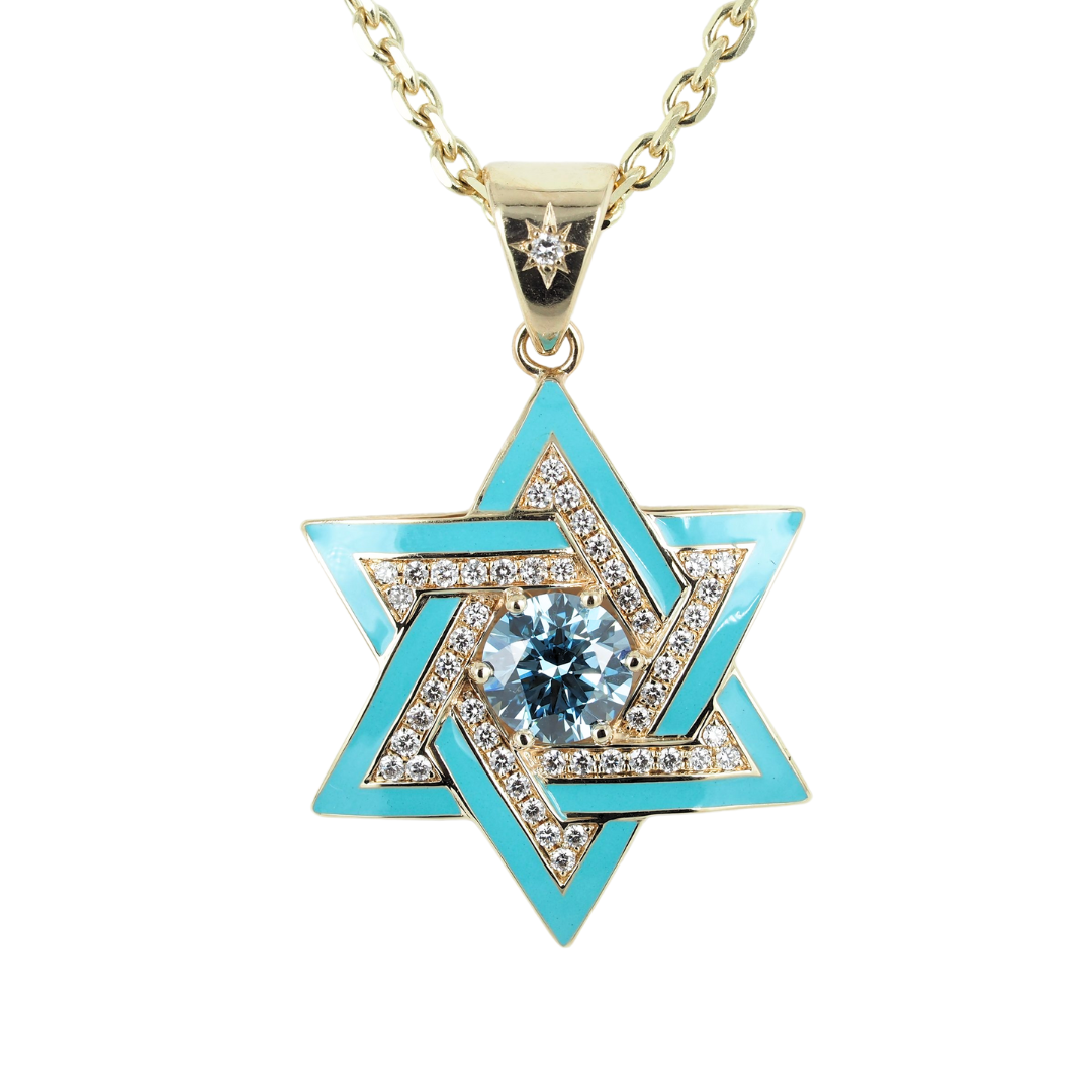 Pendant David Star 14KY Gold, Diamonds and Blue Lab Grown Diamond, Enamel