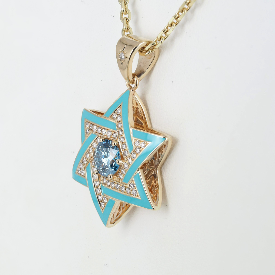Pendant David Star 14KY Gold, Diamonds and Blue Lab Grown Diamond, Enamel