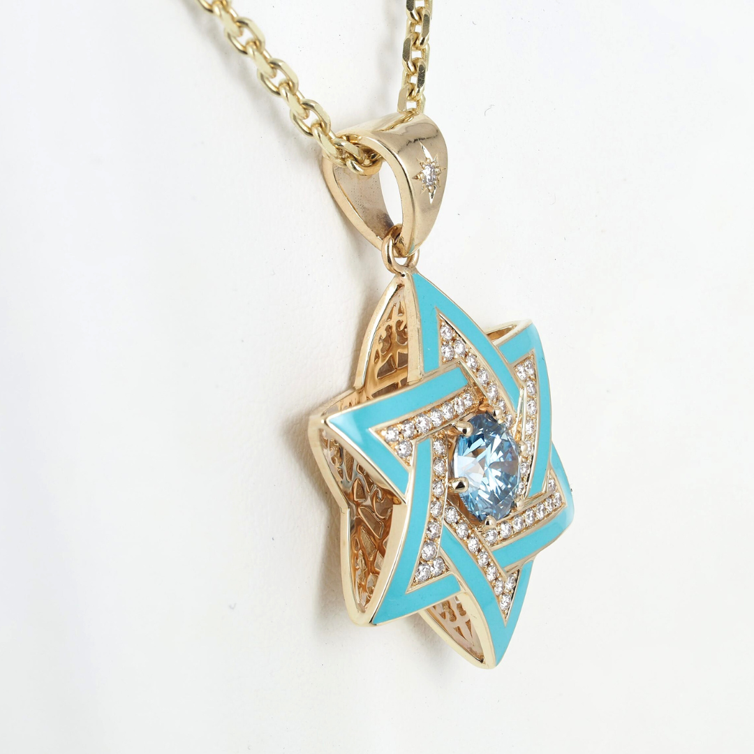 Pendant David Star 14KY Gold, Diamonds and Blue Lab Grown Diamond, Enamel