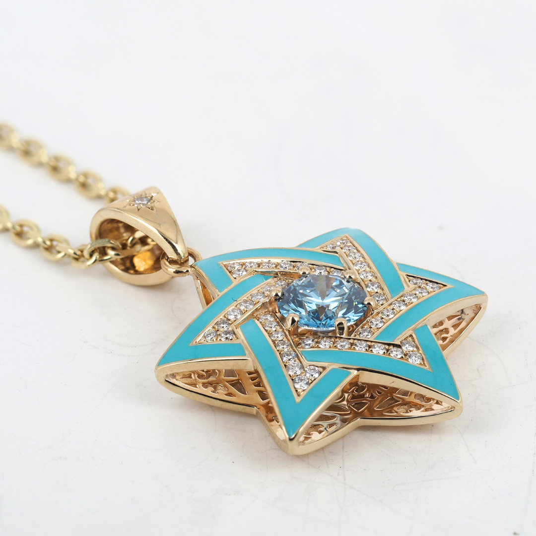 Pendant David Star 14KY Gold, Diamonds and Blue Lab Grown Diamond, Enamel