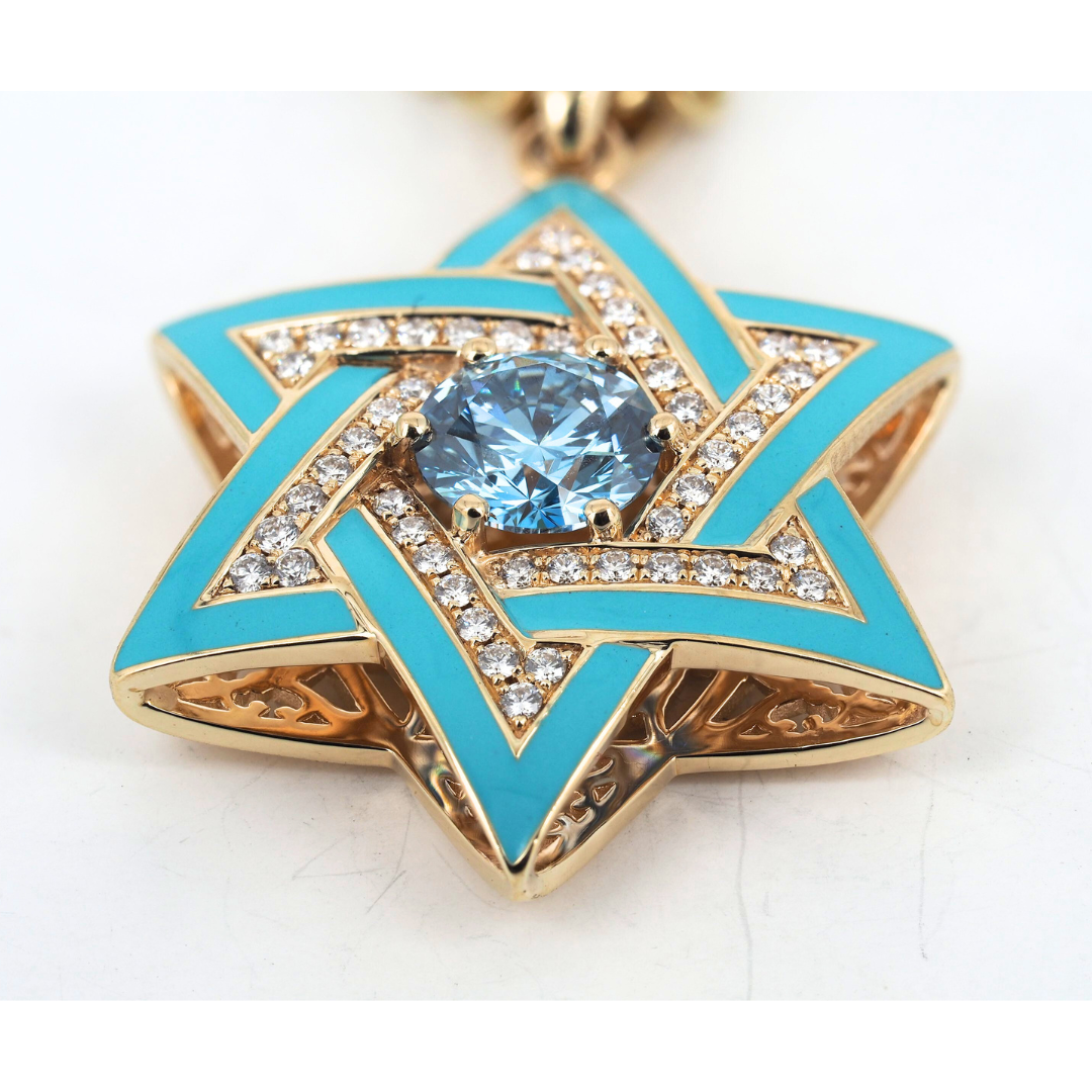 Pendant David Star 14KY Gold, Diamonds and Blue Lab Grown Diamond, Enamel