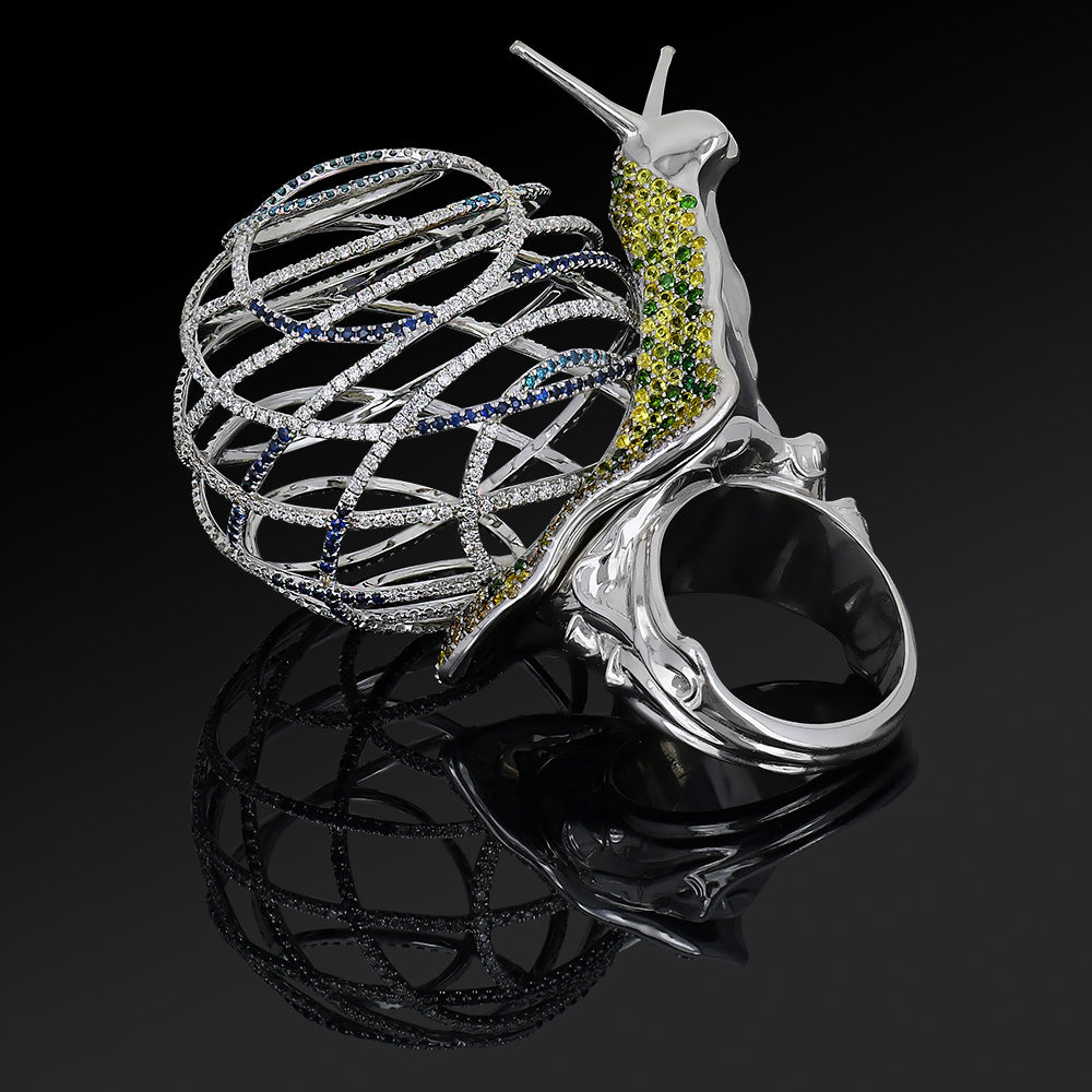 Ring “Snail” – One of a Kind Masterpiece in 18K White Gold, Natural Diamonds & Sapphires