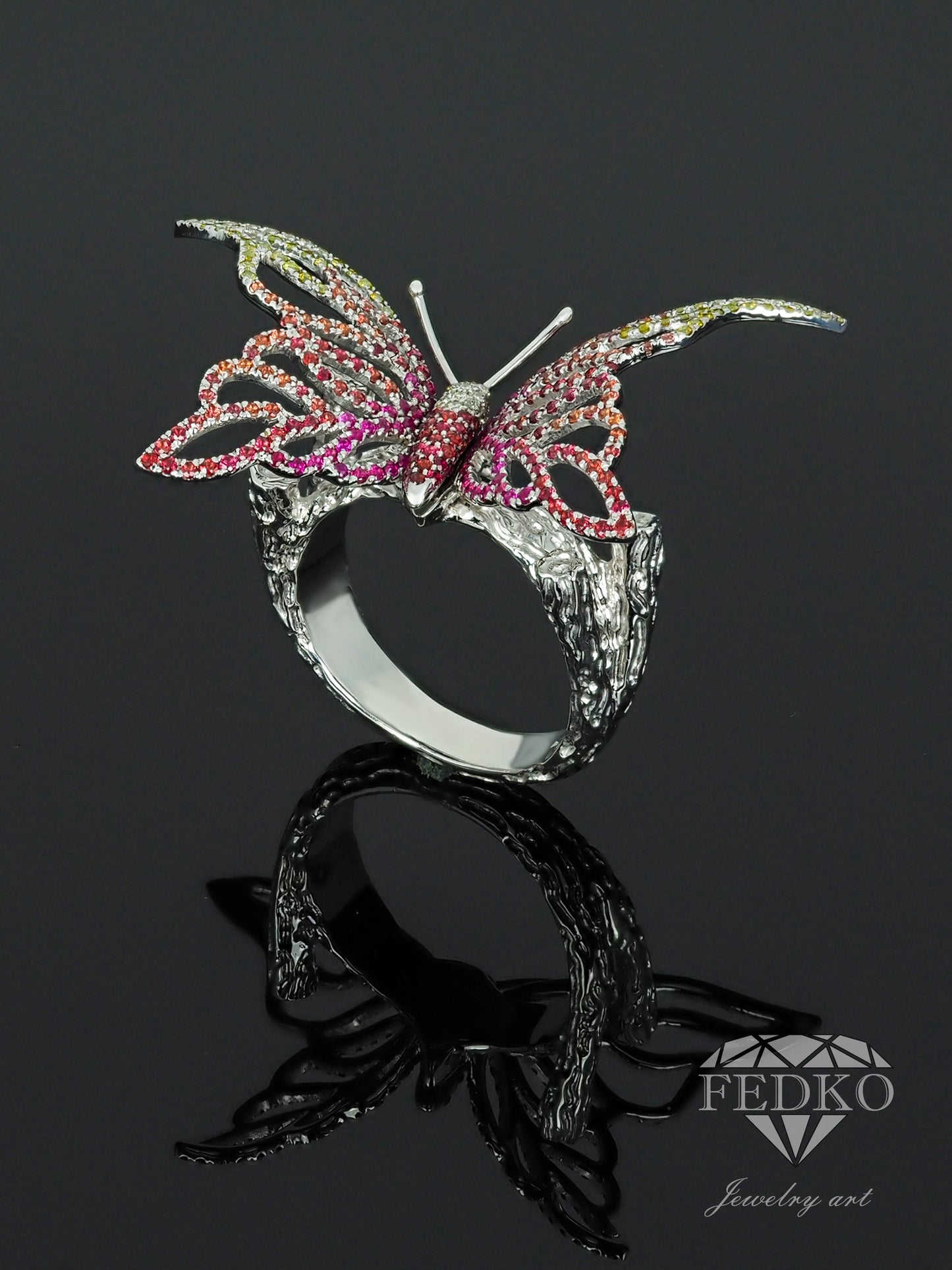 Gold Butterfly Ring 18K White Gold with Natural Diamonds & Sapphires