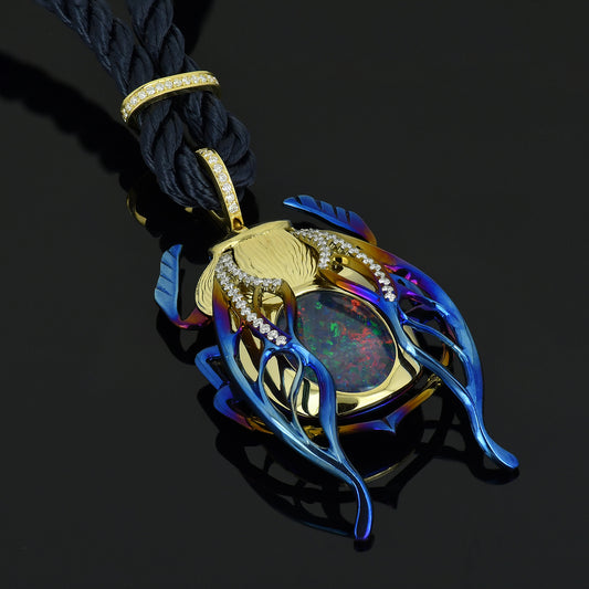 Pendant "Scarab Beetle". Award-winning, titanium, gold with opal and diamonds.