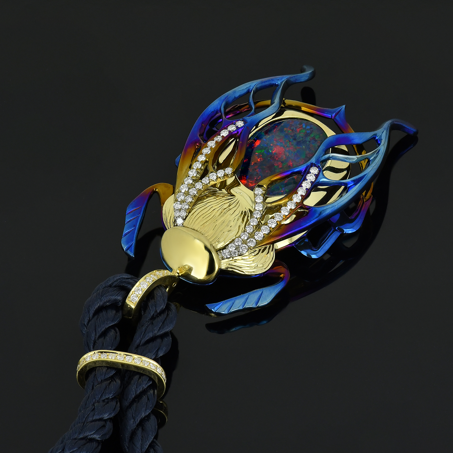 Pendant "Scarab Beetle". Award-winning, titanium, gold with opal and diamonds.