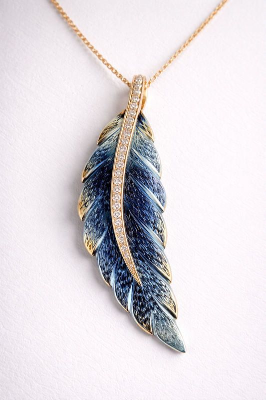 Necklace Feather 14KT Gold & Titanium with Diamonds