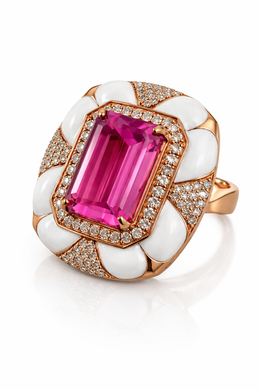 Enamel Ring 14K Rose Gold Pink Topaz with Diamonds