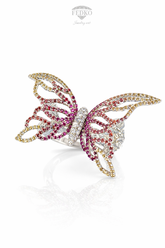 Gold Butterfly Ring 18K White Gold with Natural Diamonds & Sapphires