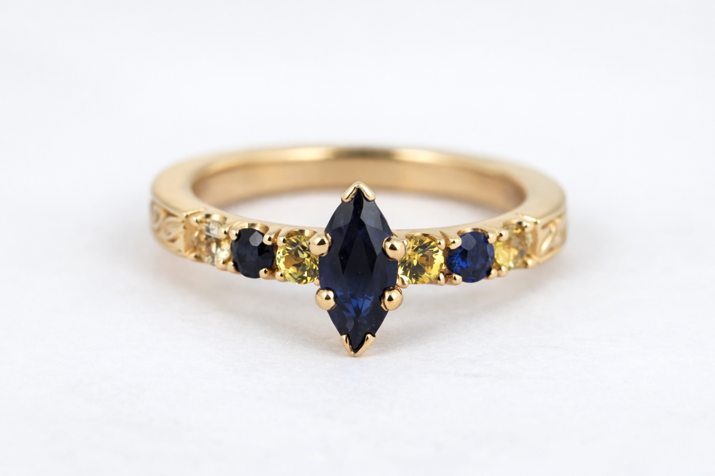 Ring Sapphire 14K Yellow Gold Marquise Blue and Yellow Sapphire