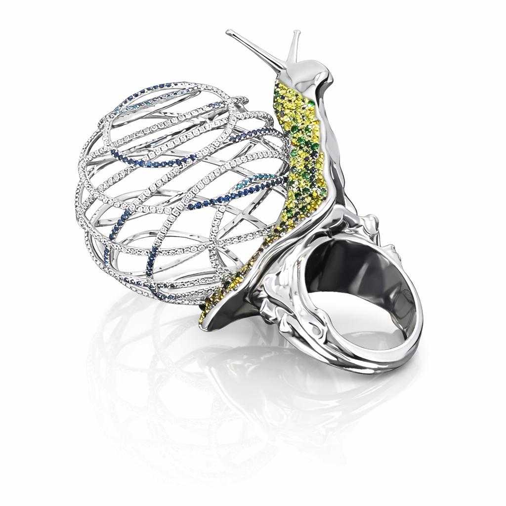 Ring “Snail” – One of a Kind Masterpiece in 18K White Gold, Natural Diamonds & Sapphires