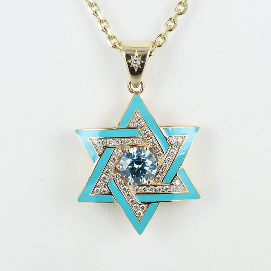 Pendant David Star 14KY Gold, Diamonds and Blue Lab Grown Diamond, Enamel