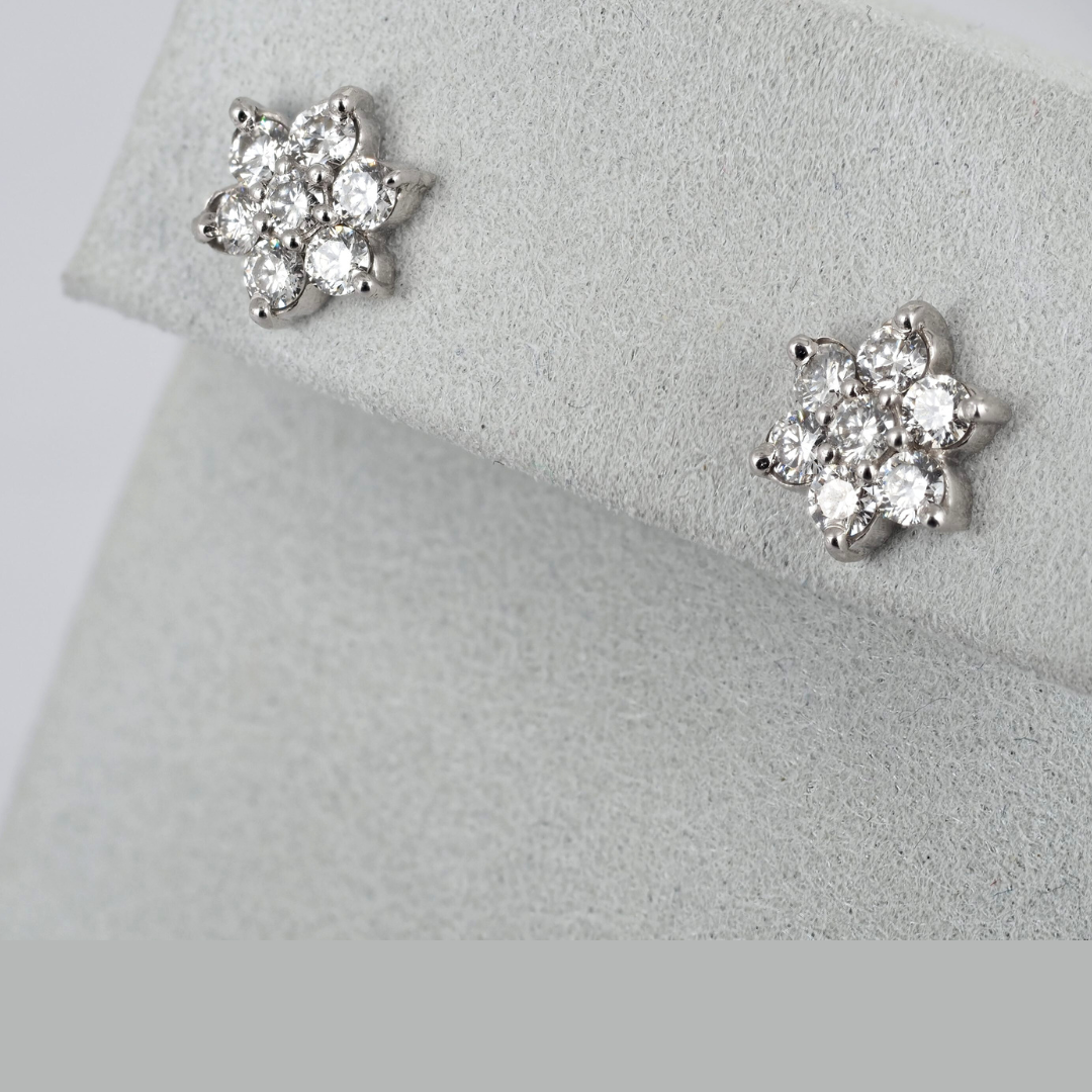 Earrings Flower Natural Diamonds 14K W Gold