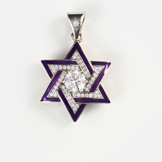 Pendant David Star 14KW Gold, Natural Diamonds and Center  Lab Grown Diamond, Enamel