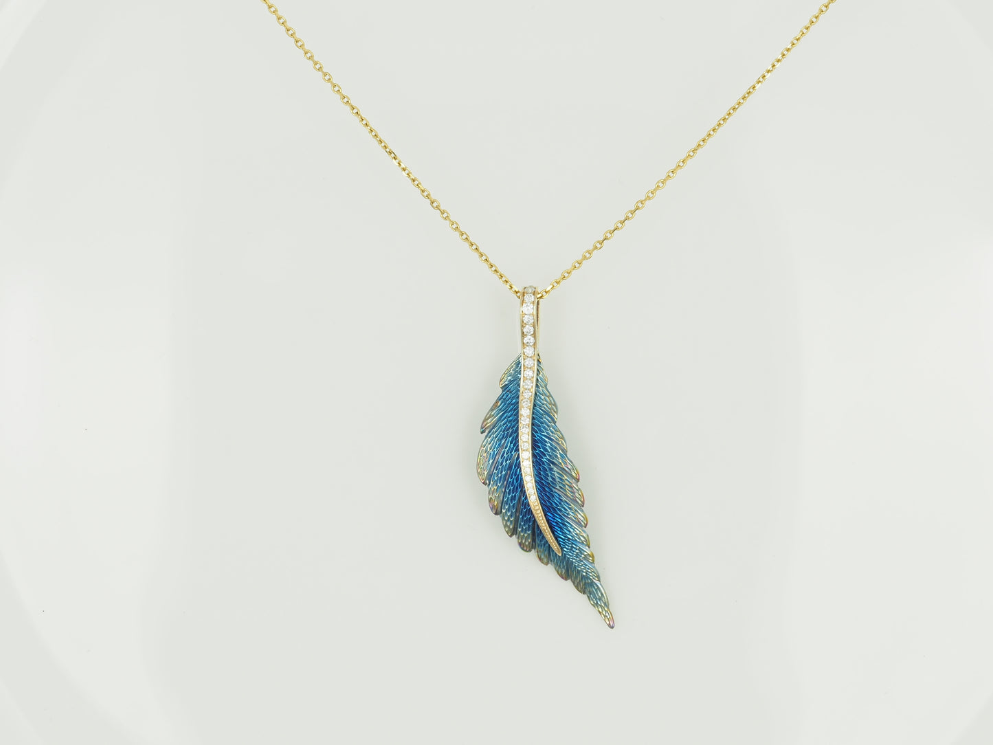 Necklace Feather 14KT Gold & Titanium with Diamonds